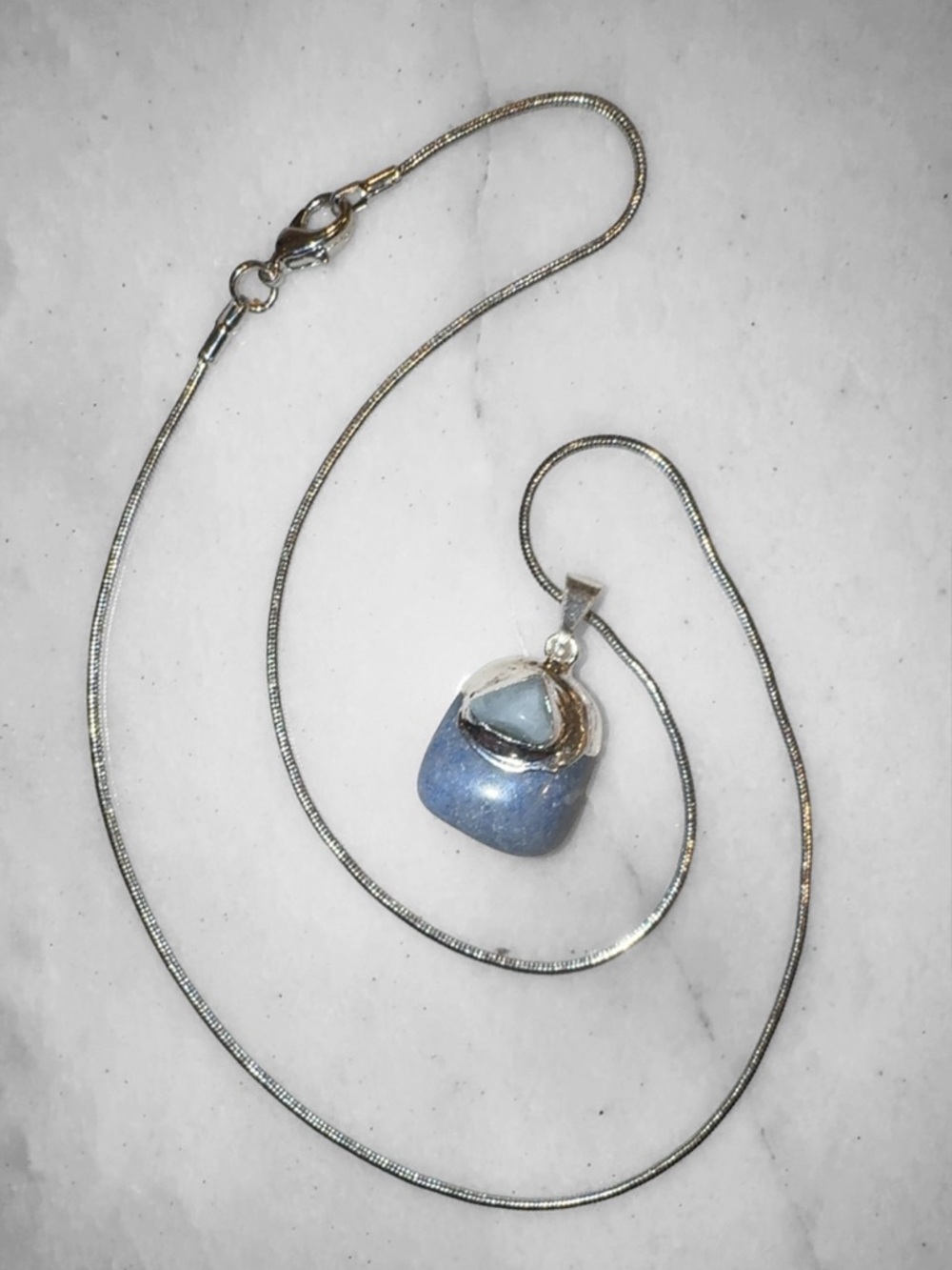 Beautiful Silver Capped Denim Blue Quartz Pendant Necklace